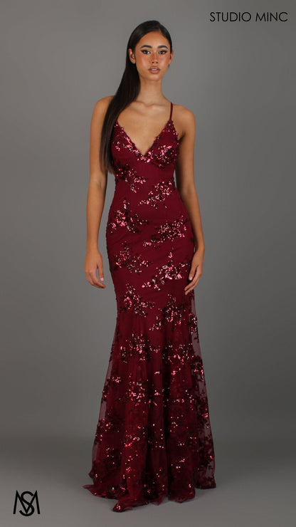 Poetry - Cherry Red formal dress | Sequin Floral V neckline fitted backless mermaid lace up
