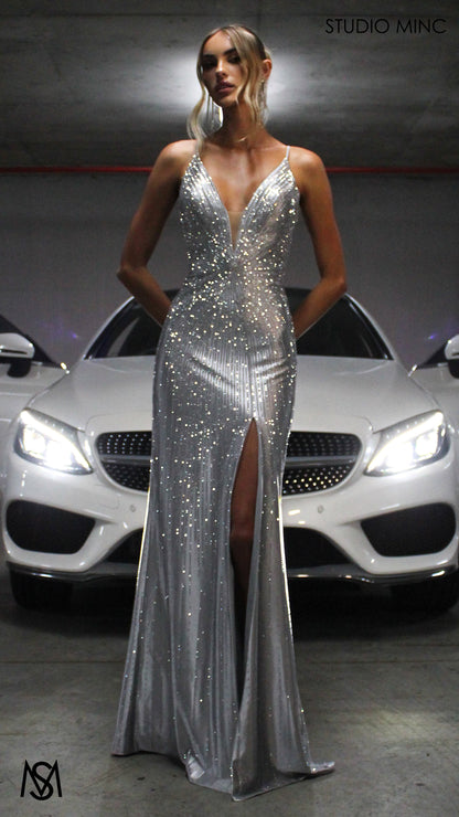 Starlight - Silver Formal Dress, Rhinestone V Plunge Neckline Fitted Mermaid Leg Split