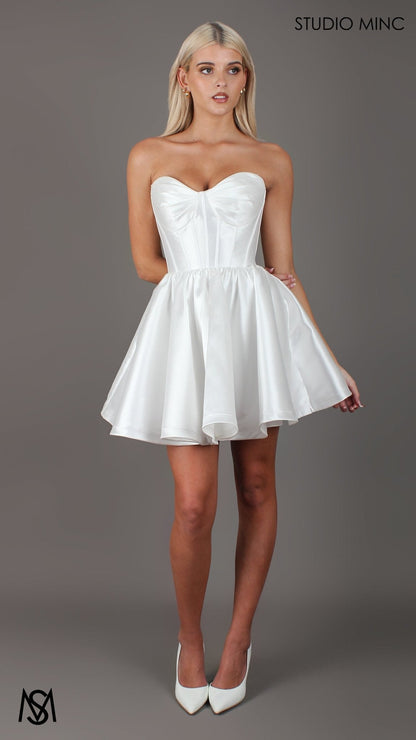 Capri Mini - Bridal Mini | White Satin Strapless Corset Mini Party Dress
