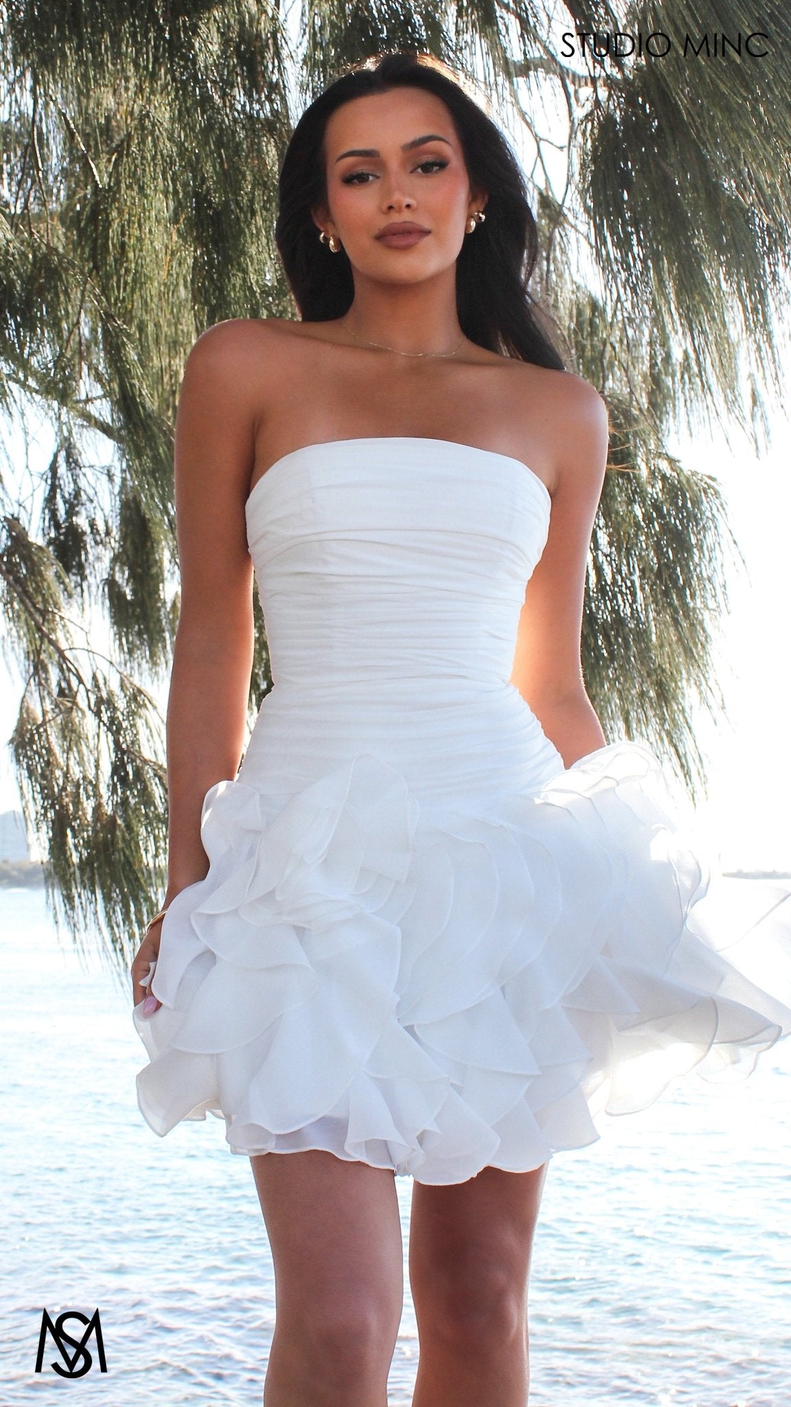 Rio - Bridal Mini | White Strapless Drop Waist Ruffle flower Bridal Mini Dress