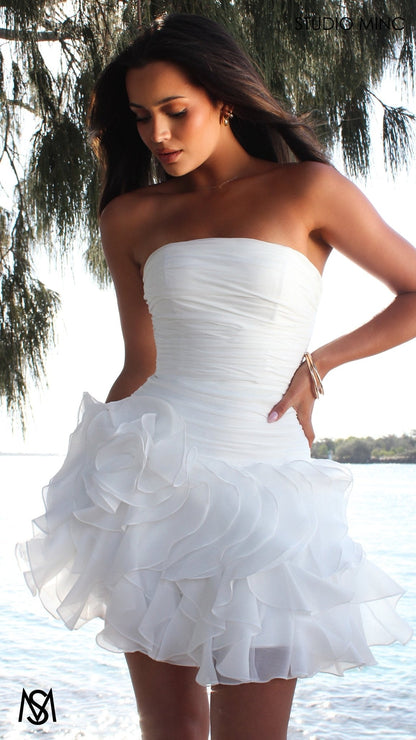 Rio - Bridal Mini | White Strapless Drop Waist Ruffle flower Bridal Mini Dress