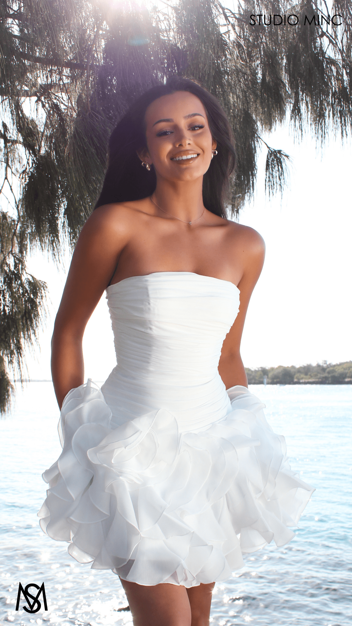 Rio - Bridal Mini | White Strapless Drop Waist Ruffle flower Bridal Mini Dress