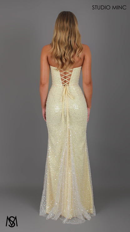 Merci - Butter Yellow Formal Dress, Strapless Corset Pearl and Sequin fitted leg slit
